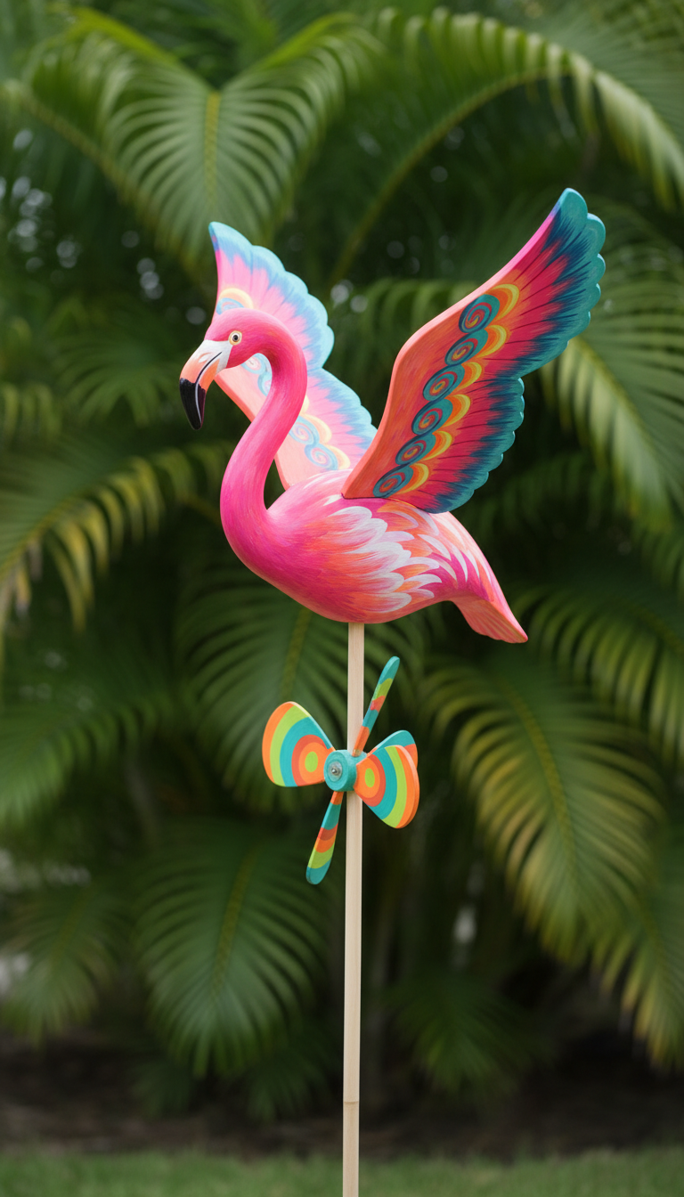 Hand-Painted Wooden Flamingo Whirligig