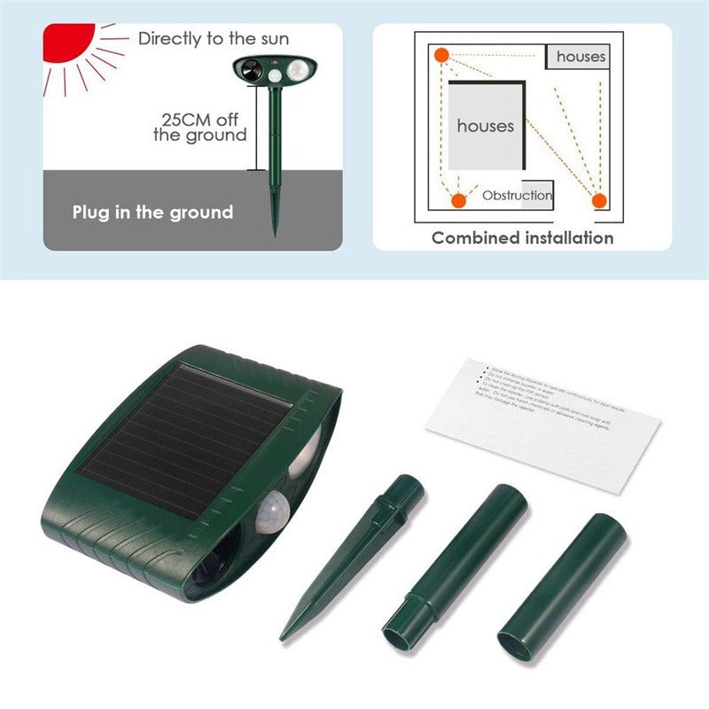 Solar Ultrasonic Animal Repellent - Stake Mount, 30 ft Range