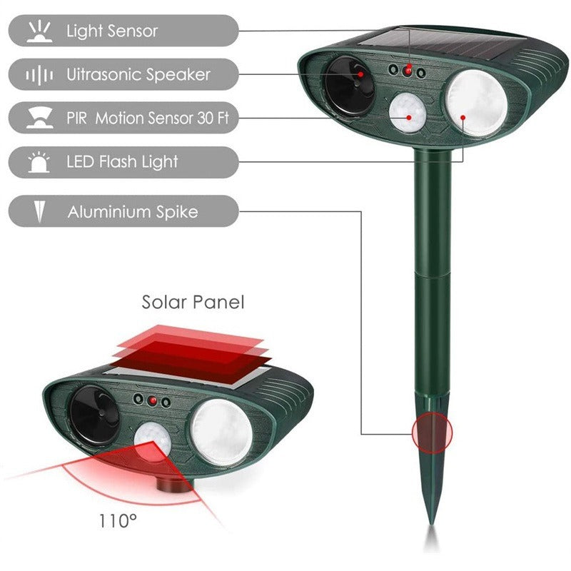 Solar Ultrasonic Animal Repellent - Stake Mount, 30 ft Range